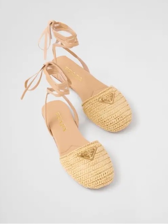 Prada Shoes - Prada Triangle Logo Natural Raffia Straw Woven Wrap Up Sandals Tan EU 40